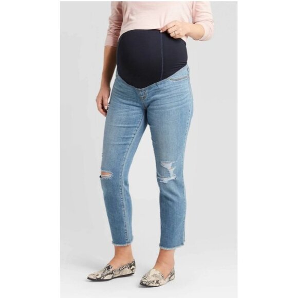 Isabel Maternity Over Belly Cropped Distressed Straight Maternity Jeans Blue 14 - Picture 3 of 12